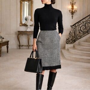Kim Rogers Black & White Houndstooth Knit Pencil Skirt Fringe Hem Preppy Size S
